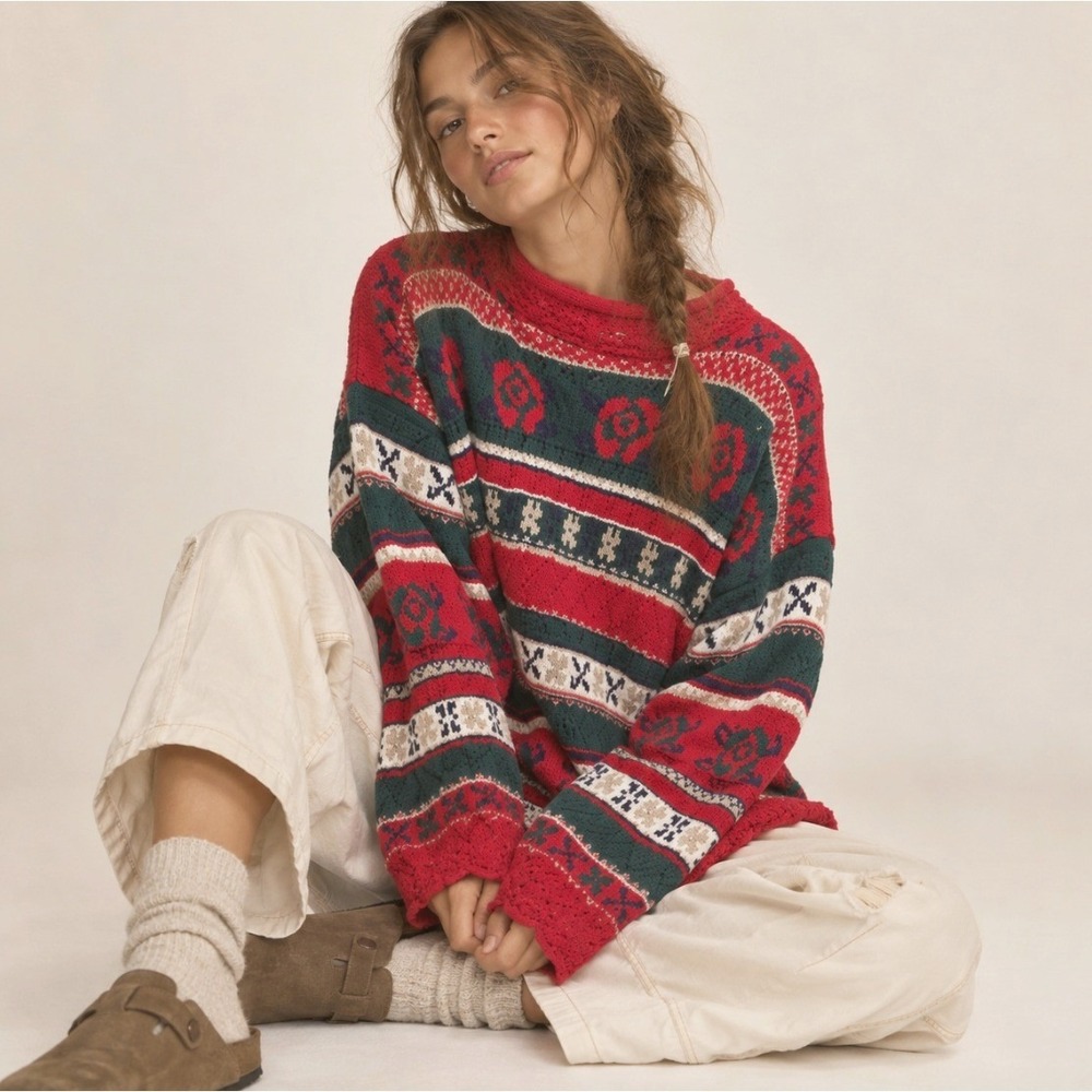 Vintage 90s Sweater Floral Knit L Red Green USA Cotton Cabioncore Cottage Folk